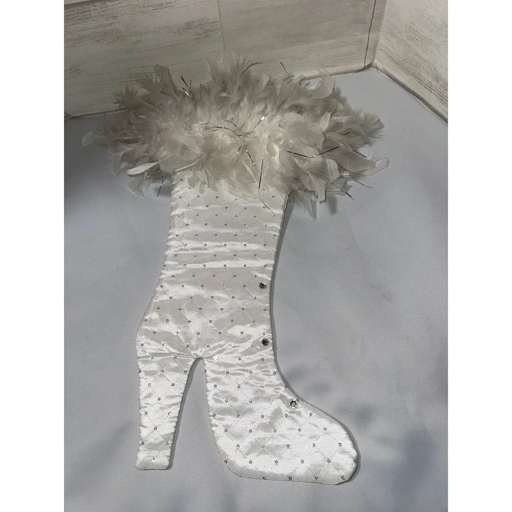 Lynn Allen Santa Baby High Heel Stiletto Christmas‎ Stocking White Satin Feather